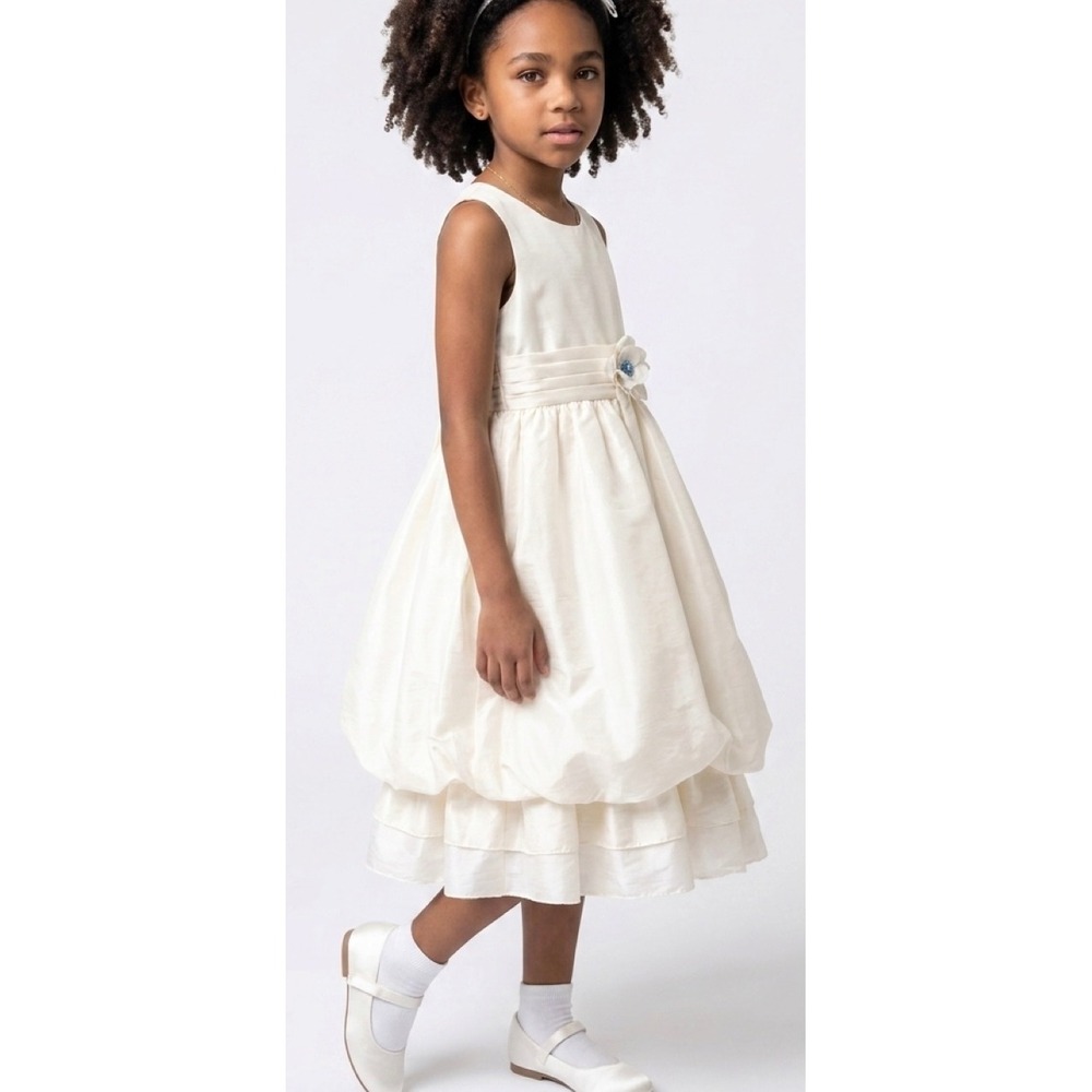 Girls White Formal Flower Girl Dress Sleeveless Bubble Skirt Blue Floral Accents